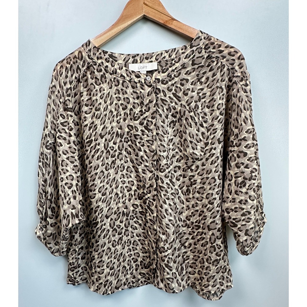 Loft Button Down Blouse Tan Leopard Print Chic Modern Classic Small Semi Sheer